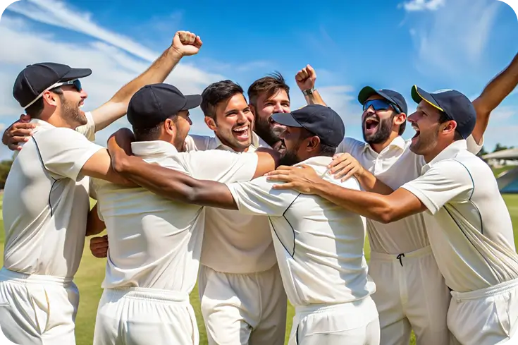 Cricket team celebrating success with AI Cricket Coaching app support – AI-powered cricket analytics, coaching tools, and performance tracking for players and academies.
