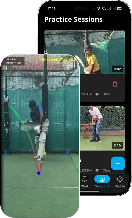 AI Cricket Coaching app showing batting practice session with ball speed, shot impact points, and AI-powered cricket performance analysis for players and academies.
