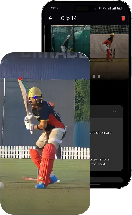 AI Cricket Coach app analyzing batting technique with real-time cricket coaching feedback, performance analysis, and AI-powered cricket coaching tools for players and academies.
