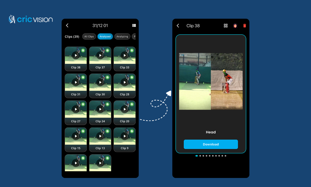 CricVision Sports Technology in cricket coaching showing AI-analyzed video clips and side-by-side batting comparisons inside a performance analysis app.