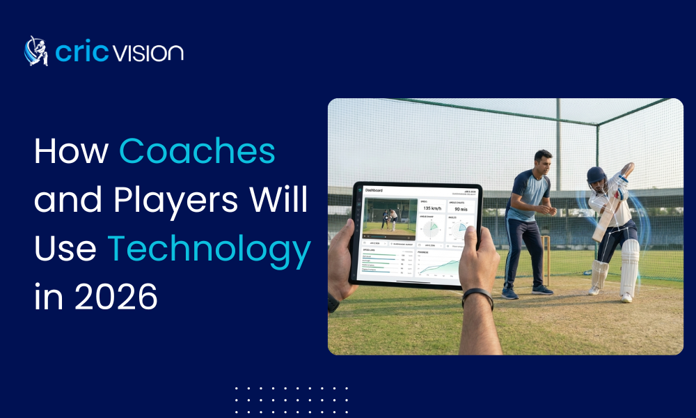 Sports Technology in cricket coaching, with a coach using a tablet and performance dashboards to analyze a player’s batting technique during training.